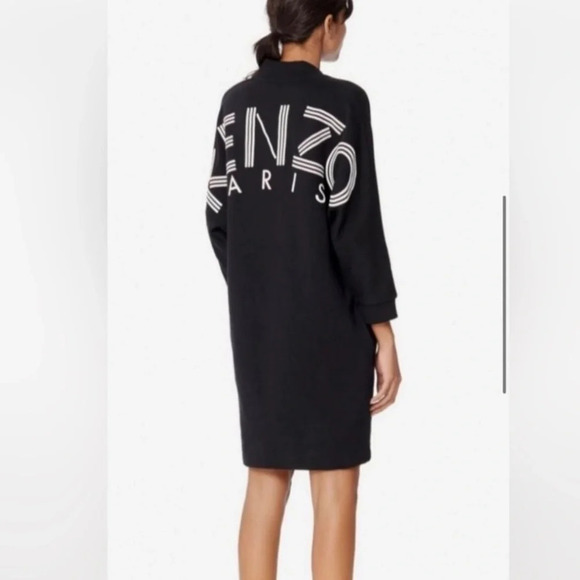 KENZO Sport Sweater Terry Cloth Sweatshirt Dress Black Logo Back V-Neck Small - Picture 2 of 14